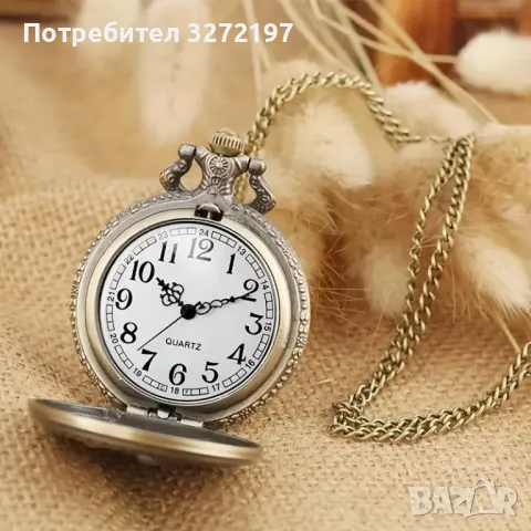 NOUSEG винтидж гравиран джобен кварцов часовник с детайлен дизайн на Парен Влак + верижка, снимка 3 - Джобни - 49688240