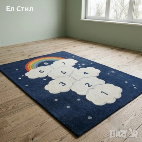 Детски килим за игра 120х160см - Тъмносин килим с облачета и дъга, противоплъзгащ и миещ се