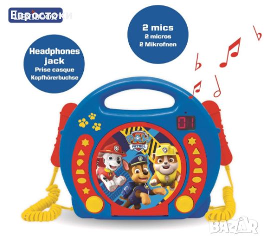 Детски CD плейър Lexibook Paw Patrol, детско караоке с 2 микрофона,, снимка 4 - Музикални играчки - 45399474
