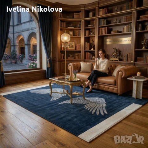 Модерен килим за хол 120х160см - Тъмносин с крила и корона и 3D ефект, Противоплъзгащ