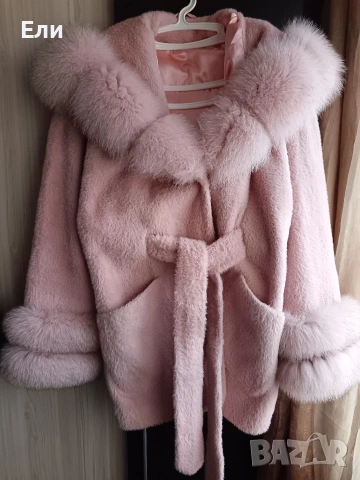 Палто алкантара с естествен косъм от лисица 