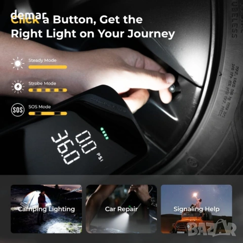 FLEXTAILGEAR Безжичен компресор за напомпване на автомобилни гуми, 150 PSI, 12V DC и USB-C, 6000mAh, снимка 8 - Аксесоари и консумативи - 53656552