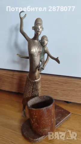 Стара африканска фигура от бронз и дърво, сувенир от Niamey 1955 година, снимка 5 - Антикварни и старинни предмети - 49696456