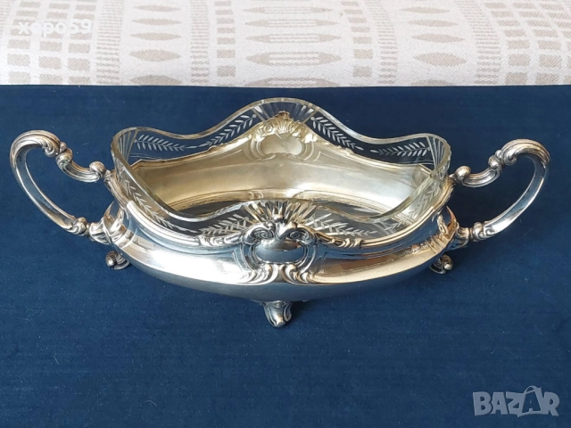 Огромна сребърна жардиера(фруктиера) 19век.Сребро 800-кристал,сребърна кана,сребърна чаша