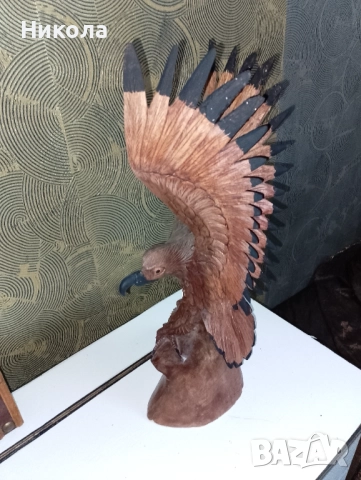 Дърворезбован орел-52см, рогове за вино с поставка, снимка 3 - Декорация за дома - 49700937