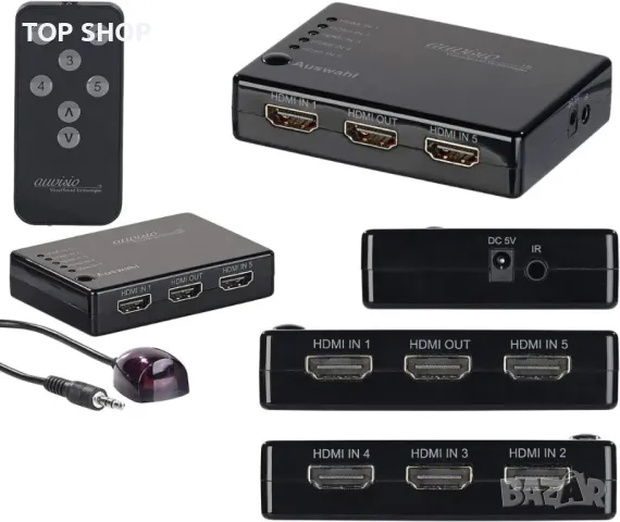 auvisio HDMI превключвател: 5-посочен HDMI превключвател с дистанционно управление, HDMI 1.4, до 4K, снимка 7 - Приемници и антени - 48853396