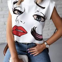 Дамска блуза с къс ръкав и щампа на модно човешко лице, 8цвята , снимка 2 - Тениски - 45715952
