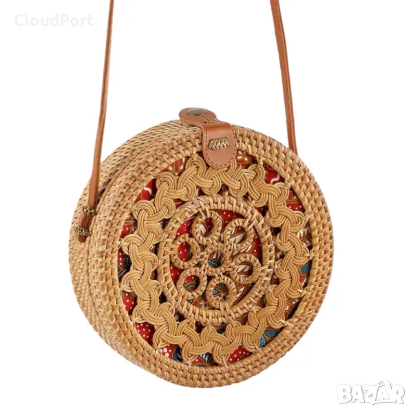  Дамска сламена плажна чанта, Polo Air, ръчна изработка, кръгла, 21х7 см, Бежово, снимка 1