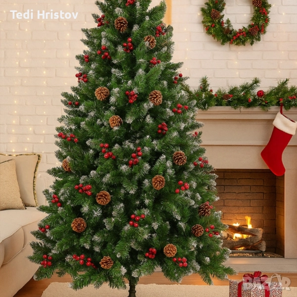 Изкуствена елха Luxury Diamond с червен глог и шишарки, снимка 1