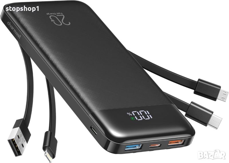 Charmast 22,5 W Power Bank, 20000 mAh вградени 4 кабела, тънко USB C преносимо зарядно устройство, L, снимка 1