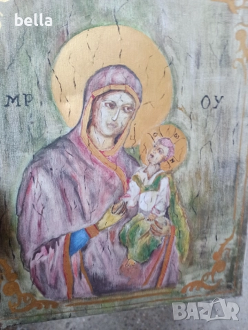 ИКОНА-ДЕВА МАРИЯ С МЛАДЕНЕЦА ,МАСЛО ВЪРХУ ПЛАТНО, снимка 5 - Картини - 52295960