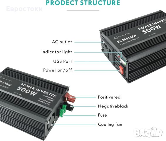 ECM 500 W модифициран синусоидален захранващ инвертор DC 12 V към AC 230 V, снимка 4 - Аксесоари и консумативи - 46574884