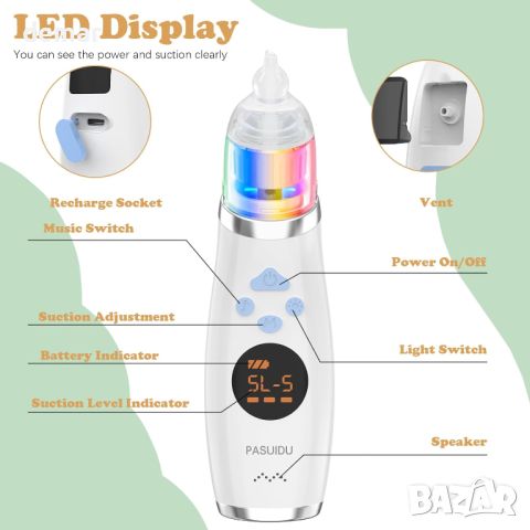  PASUIDU Бебешки аспиратор за нос, водоустойчив, 3 накрайника, вградена музика и светлини, снимка 2 - Други - 45674103