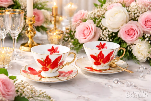 КОМПЛЕКТ за КАФЕ или ЧАЙ от КОСТЕН ПОРЦЕЛАН - ПРОМОЦИЯ за 8-ми МАРТ