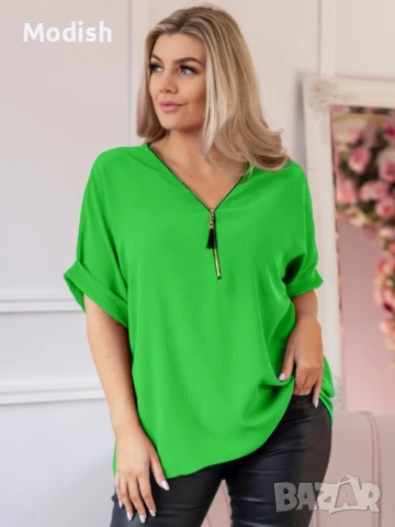 Дамска блуза с цип на деколтето и къси ръкави 9740