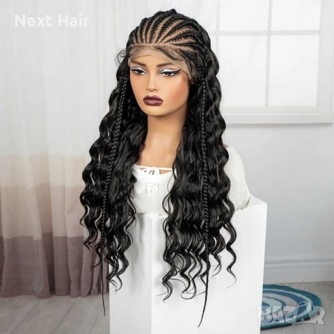 Екзотична черна синтетична перука с пълзящи плитки и къдрава дължина 70 см - Lace Front 13x6, снимка 6 - Аксесоари за коса - 52828530