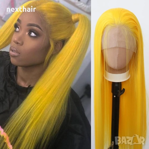 Дълга права жълта перука с дантела 13x4 – ефектен и модерен стил, снимка 9 - Аксесоари за коса - 52846825