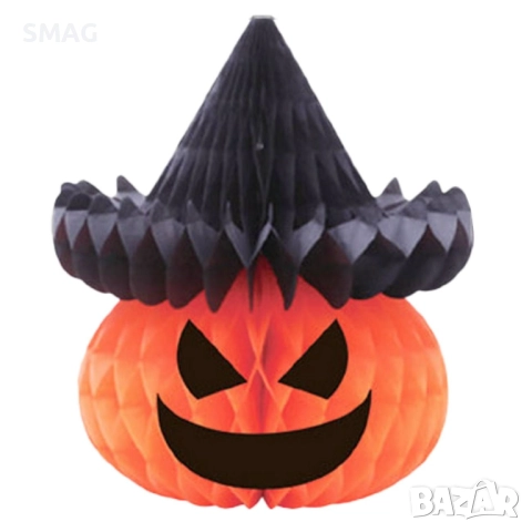 Halloween / Хелоуин хартиена декоративна тиква с шапка – Ø24x27см_1255231