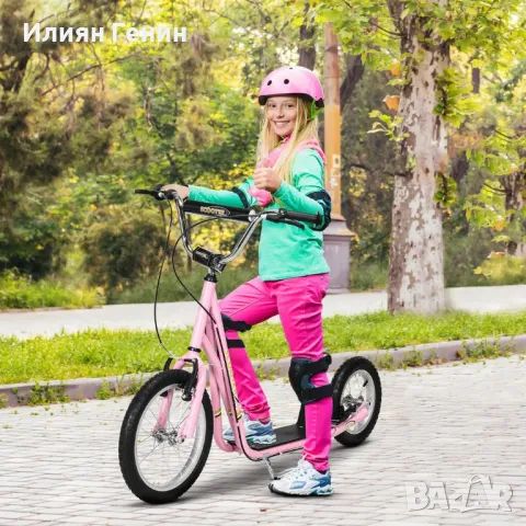 Детска тротинетка HOMCOM със спирачки 16/12 инча, дъска за 5+ години, розова, 135 x 58 x 92-100 см, снимка 6 - Скутери и тротинетки - 50361345