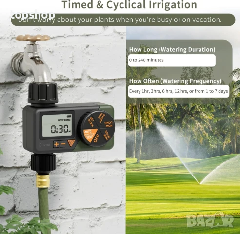 НОВ Таймер за поливане Diivoo със седмични и дневни програми, забавяне при дъжд дъжд, ръчно поливане, снимка 2 - Градински инструменти - 50742094