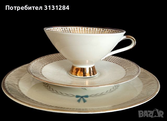 Антикварен троен сет за чай с злато и цветя Германия Бавария, снимка 4 - Чаши - 45650350