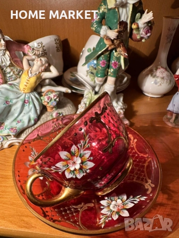 EGERMANN BOHEMIAN RUBY RED CRYSTAL Cup and Saucer - невероятно красив и стилен двоен сет , снимка 10 - Антикварни и старинни предмети - 52638785