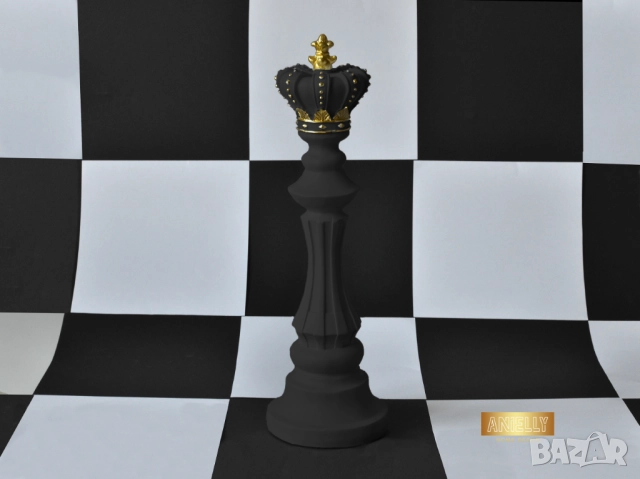 Черна Шахматна Фигура Цар / Статуетка Изработена от Смола / Черна със Златни Акценти 39 x 12 см., снимка 5 - Статуетки - 52411634