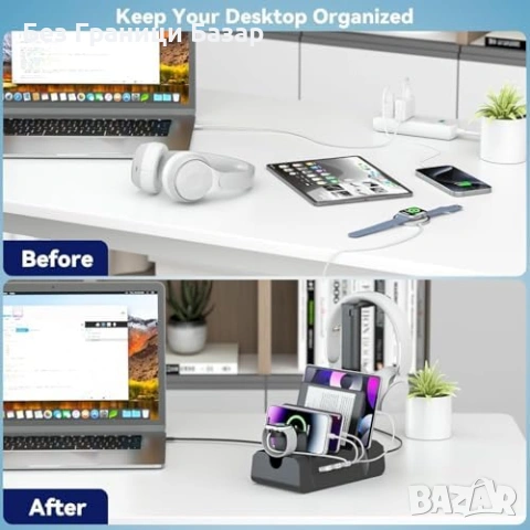 Нова 6 в 1 зарядна станция с AC USB USB-C за телефон таблет слушалки и часовник, снимка 5 - Друга електроника - 54230503