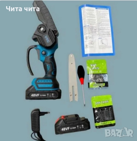 Акумулаторен трион за дърво и клони UKC 48V – 6″ верижна резачка с 2 батерии и 2 вериги, снимка 2 - Триони и циркуляри - 52840829