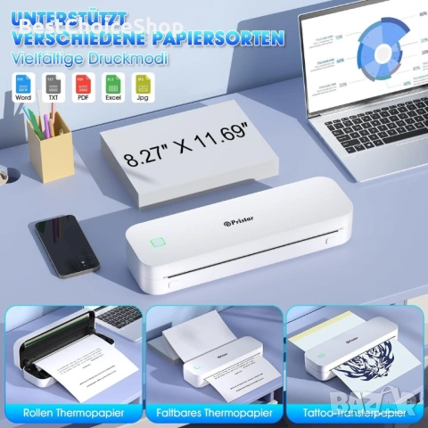 Портативен А4 Термален Принтер Bluetooth Съвместим с iOS/Android , снимка 10 - Принтери, копири, скенери - 53398064