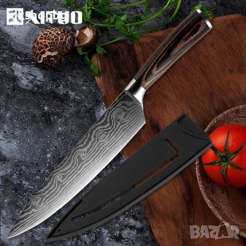 8 ИНЧА С КУТИЙКА  Кухненски нож професионален от японска дамаскова стомана, снимка 3 - Прибори за хранене, готвене и сервиране - 45472174