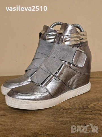 Eva Minge оригинални дамски сребристи кецове на платформа от естествена кожа , снимка 5 - Кецове - 53892776