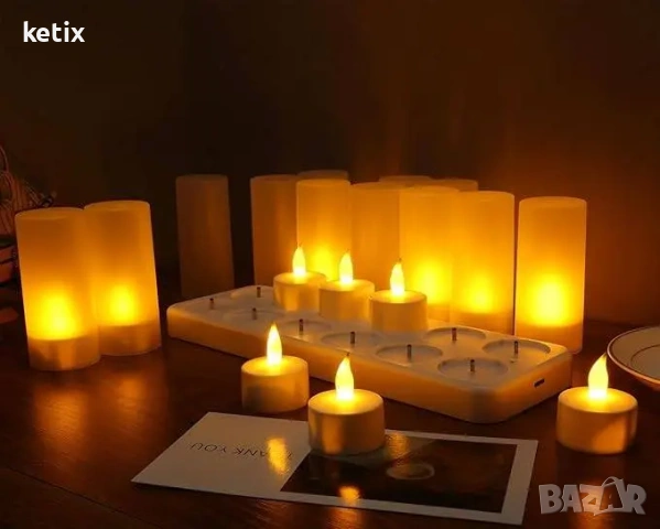 12 LED безпламъчни чаени свещи със зарядна станция