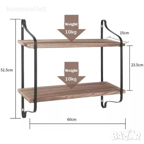 ПРОМОЦИЯ Стенен рафт на 2 нива от естествена борова дървесина UNHO ZJJ204, снимка 4 - Етажерки - 49085660