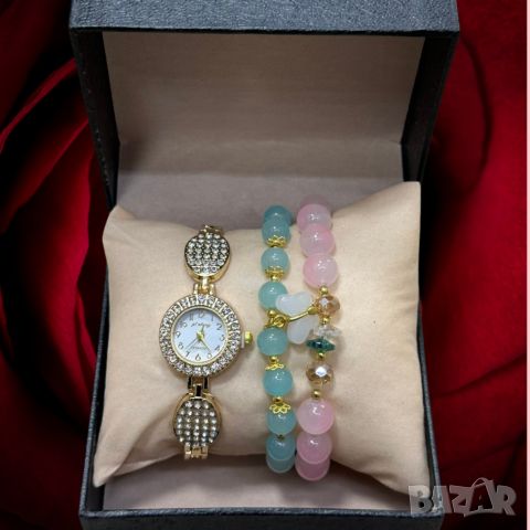Елегантен дамски комплект аксесоари - часовник с камъни цирконии и 2 броя гривни с естествени камъни, снимка 2 - Бижутерийни комплекти - 46411049
