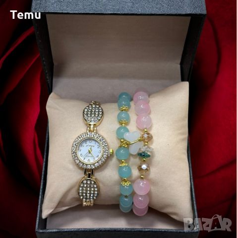 Елегантен дамски комплект аксесоари - часовник с камъни цирконии и 2 броя гривни с естествени камъни, снимка 2 - Бижутерийни комплекти - 46411049