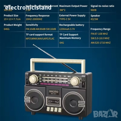 Качествено Ретро преносимо радио UMUTOO MG001 USB, TF карта и AUX, AM/FM/SW ленти, LED дисплей, снимка 6 - Радиокасетофони, транзистори - 51990342
