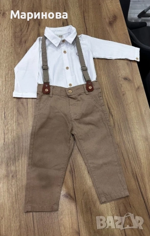 Бебешки комплект от панталон в бежово, боди-риза в бяло, тиранти и папийонка - нов!, снимка 2 - Комплекти за бебе - 53823433