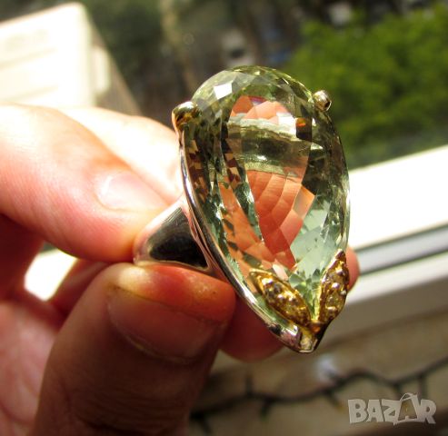 925 сребърен пръстен с 30 карата зелен аметист, камък 25x15мм, общо тегло 13гр., снимка 2 - Пръстени - 46311135