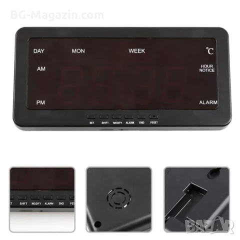 Голям дигитален настолен часовник с термометър аларма стенен на ток температура дата светещ на ток, снимка 3 - Други - 51038174