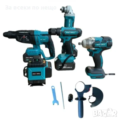 Комплект от лазерен нивелир, перфоратор, винтоверт, гайковерт  импакт и ъглошлайф 36V с 3 броя батер