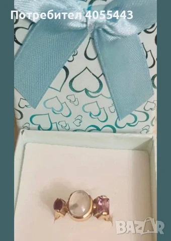 Златен пръстен с три камъка, снимка 4 - Пръстени - 50756199