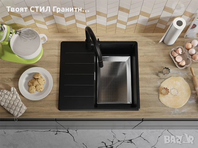 Черна кухненска гранитна мивка Копенхаген 40 Top 550 x 500 мм, снимка 7 - Мивки - 51015684