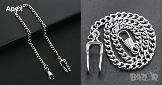 Стоманена Верижка за Джобен Часовник 37см. Масивен Сребрист Кюстек. Здрави и Стилни Верижки Кюстеци