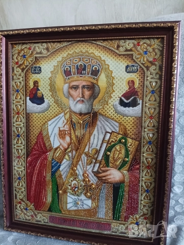 "св. Николай Чудотворец" Диамантен Гоблен - Готов налепен в рамка, снимка 3 - Икони - 52596199