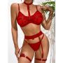 Луксозен еротичен комплект в червен цвят, 4 части, снимка 1 - Бельо - 45074327