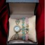 Елегантен дамски комплект аксесоари - часовник с камъни цирконии и 2 броя гривни с естествени камъни, снимка 1 - Бижутерийни комплекти - 45645981