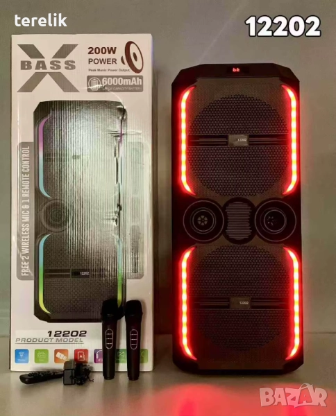 🔊 ABS-12202 – 12”×2 Xbass 200W 6000mah-50лв Професионална караоке тонколона, Bluetooth, 2 микрофонa, снимка 1