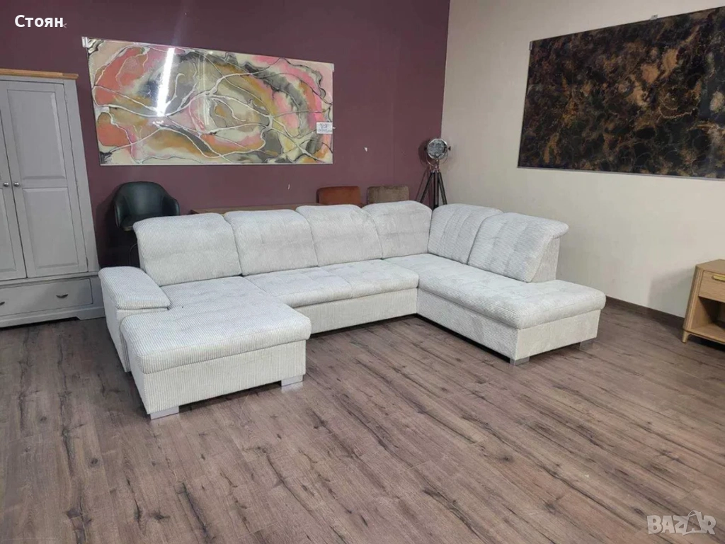 ПРОМОЦИЯ!!!Бежов П-образен ъглов диван от плат рипсено кадифе Nixon, снимка 1