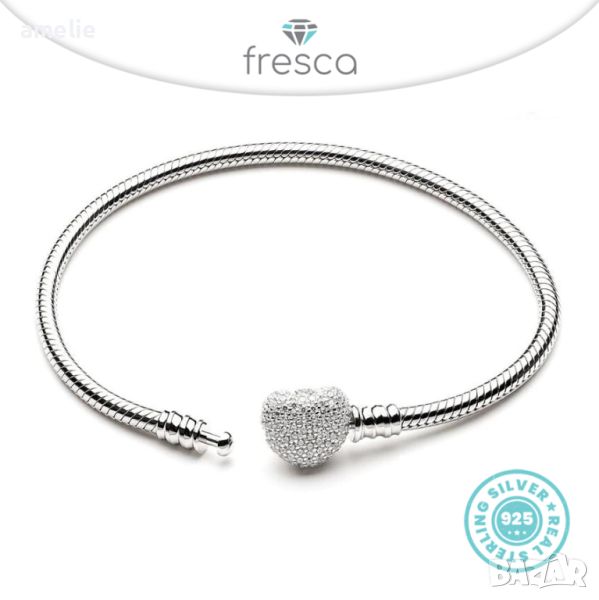 Гривна Fresca по модел тип Пандора Sparkling Heart Snake Cандора с Печат 925 Основа Pandora style, снимка 1